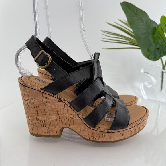 Born Bernese Womens Sandal Size 10 Black Leather Wedge Heel Open Toe Retro Caged - Picture 3 of 16